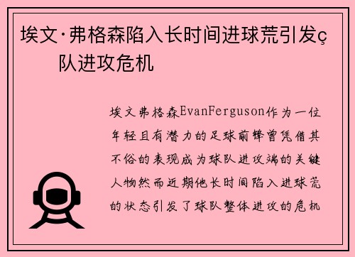 埃文·弗格森陷入长时间进球荒引发球队进攻危机 埃文·弗格森陷入长时间进球荒引发球队进攻危机