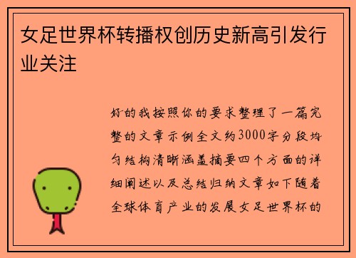 女足世界杯转播权创历史新高引发行业关注